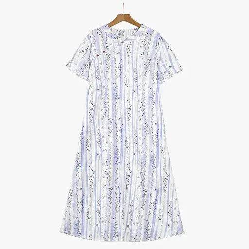 Plus Size Loose Floral Stripe Mandarin collar Summer Maxi Dress - Blue - 6XL - image 0