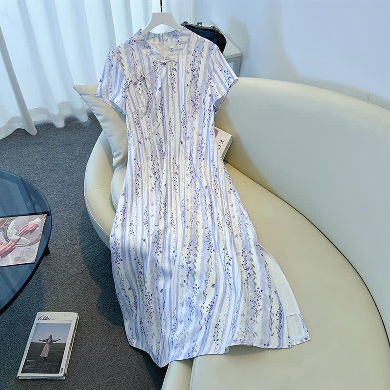 Plus Size Loose Floral Stripe Mandarin collar Summer Maxi Dress - image 5