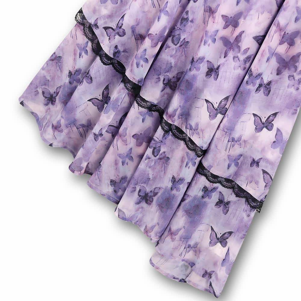 Plus Size Lavender Butterfly Print Black Lace Trim Asymmetrical Midi Slip Dress - image 3