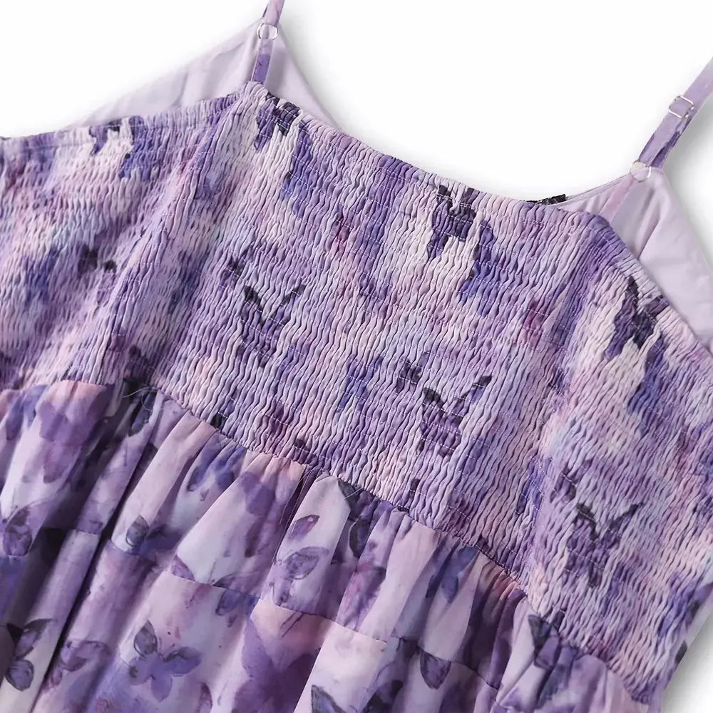Plus Size Lavender Butterfly Print Black Lace Trim Asymmetrical Midi Slip Dress - image 1
