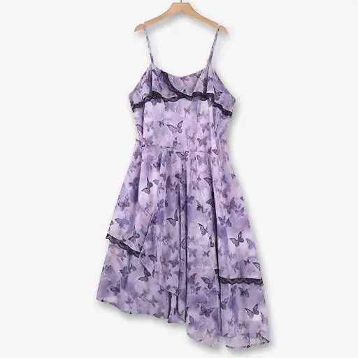 Plus Size Lavender Butterfly Print Black Lace Trim Asymmetrical Midi Slip Dress - Purple - 6XL - image 0