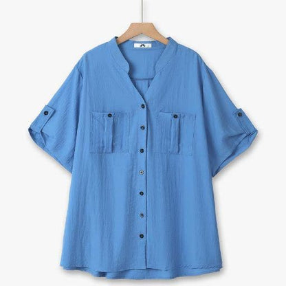 Plus Size Bamboo Button Front Blouse - Blue - 6XL - image 0