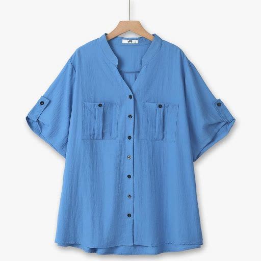 Plus Size Bamboo Button Front Blouse - Blue - 6XL - image 0