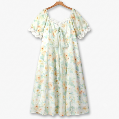 Plus Size Square Neck Lace Trim Floral Print Puff Sleeve Summer Maxi Dress - Mint - 6XL - image 0