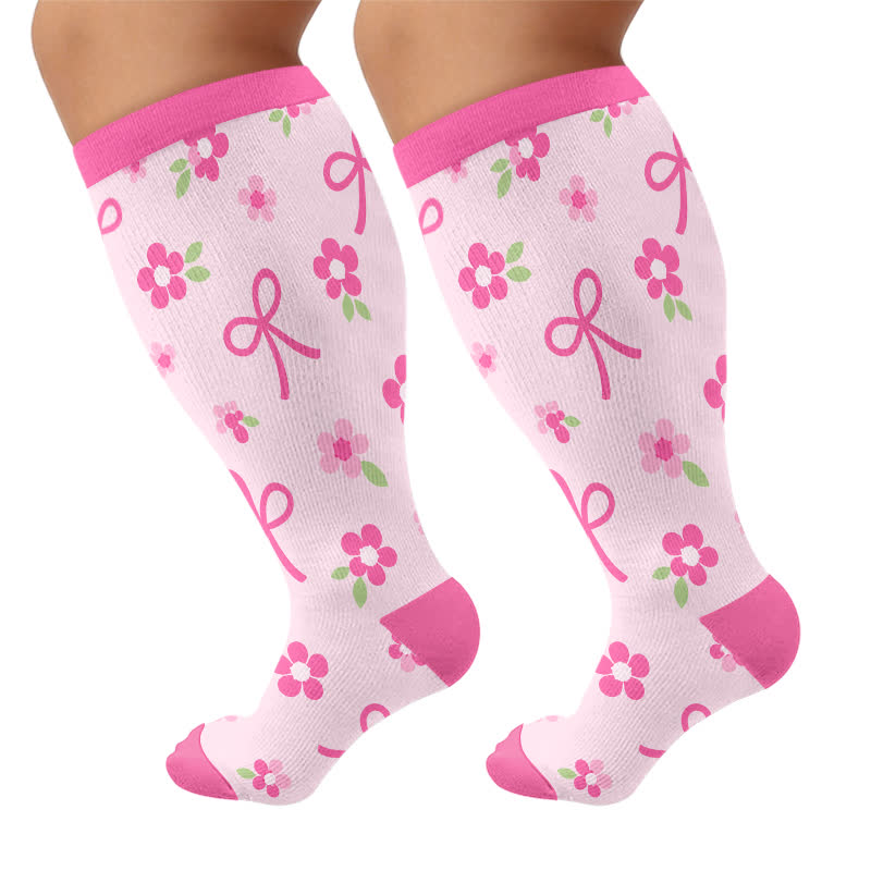 Plus Size Pink Bow Floral Compression Socks - Pink - 4XL - image 6