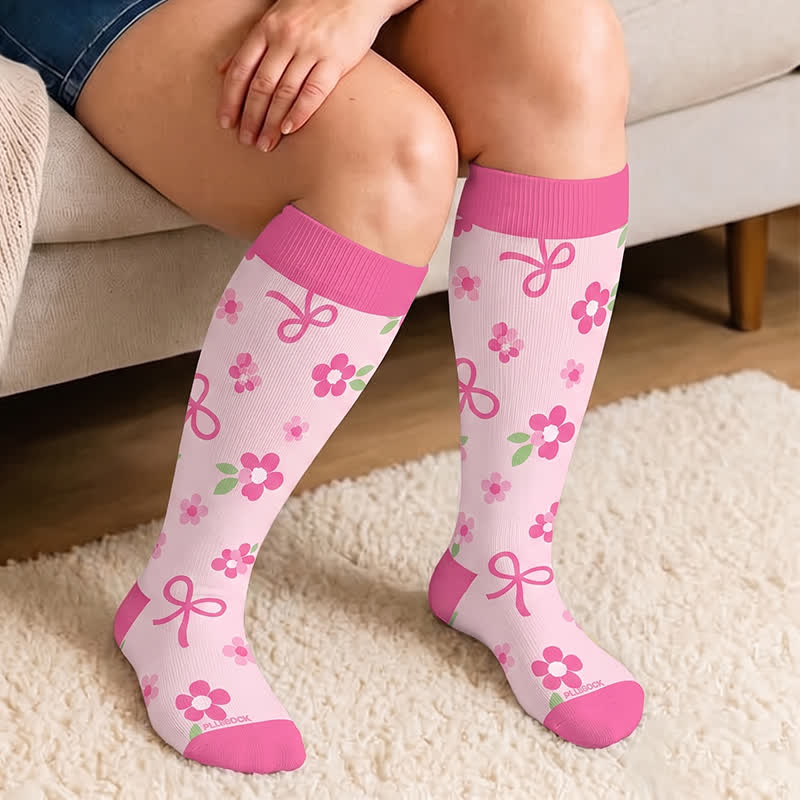 Plus Size Pink Bow Floral Compression Socks - image 1