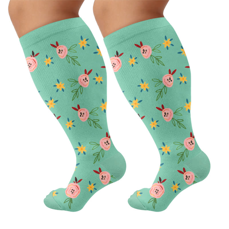 Plus Size Floral Smile Compression Socks - Green - 4XL - image 5