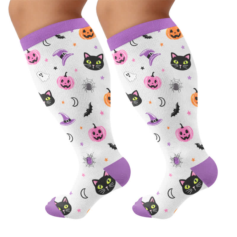Plus Size Cat Pumpkin MoonCompression Socks - Purple - 4XL - image 9
