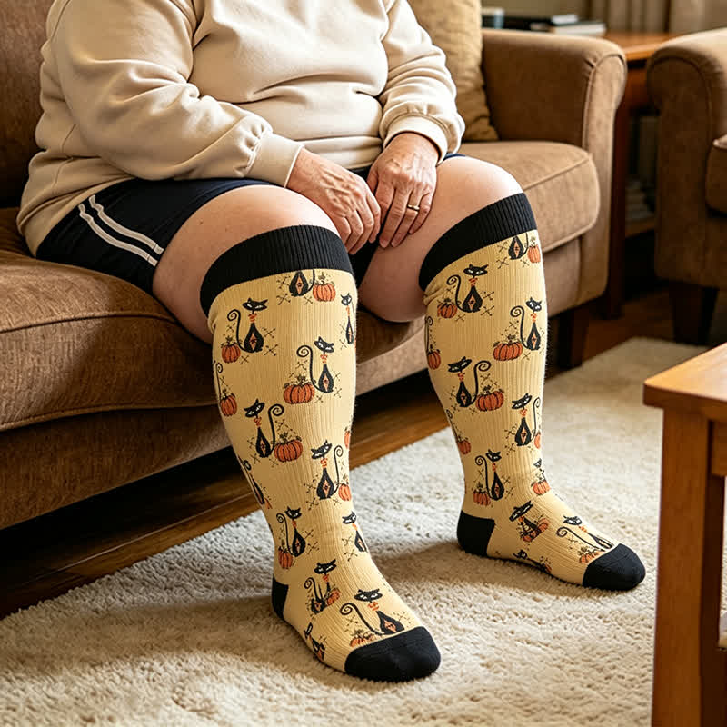 Plus Size Black Cat Ghost Compression Socks - Yellow - 4XL - image 2