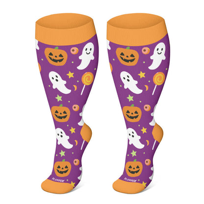 Plus Size Halloween Floral Skull  Series Compression Socks - Orange-B - 4XL - image 24