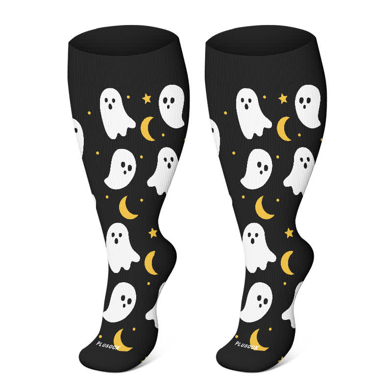 Plus Size Halloween Cute Bat Cat Print Compression Socks - Black - 4XL - image 12