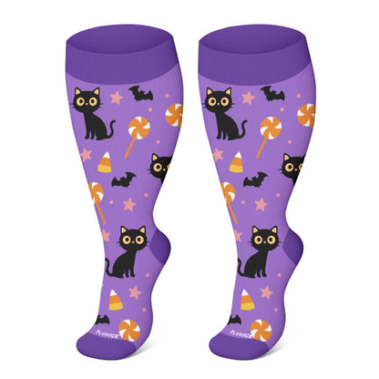 Plus Size Halloween Cute Bat Cat Print Compression Socks - Purple - 4XL - image 13