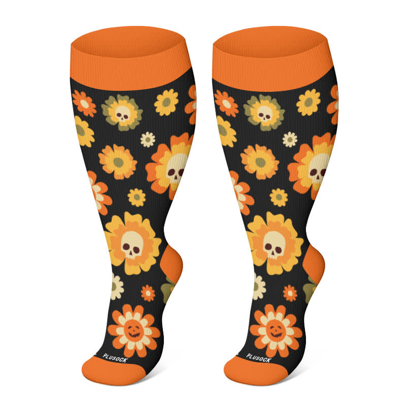 Plus Size Halloween Large Skull Print Compression Socks - Orange-A - 4XL - image 20