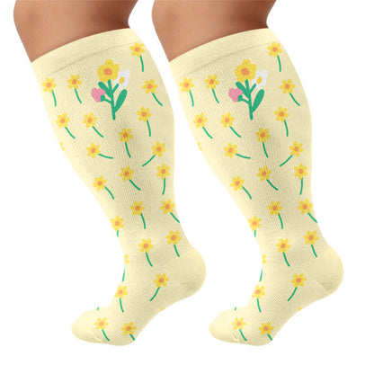 Plus Size Floral Patchwork Compression Socks - Yellow - 4XL - image 9