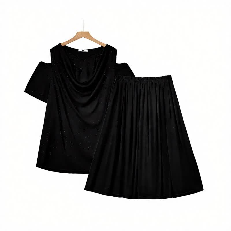 Draped Cold-Shoulder Midi Two-Piece Skirt Set - Black - 6XL - image 0