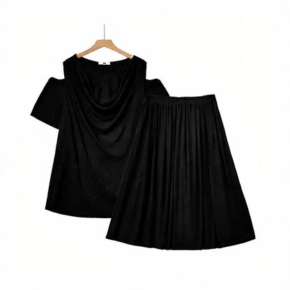 Draped Cold-Shoulder Midi Two-Piece Skirt Set - Black - 6XL - image 0