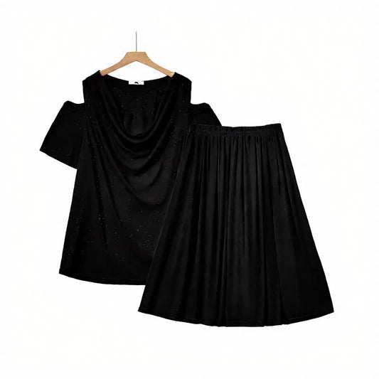 Draped Cold-Shoulder Midi Two-Piece Skirt Set - Black - 6XL - image 0
