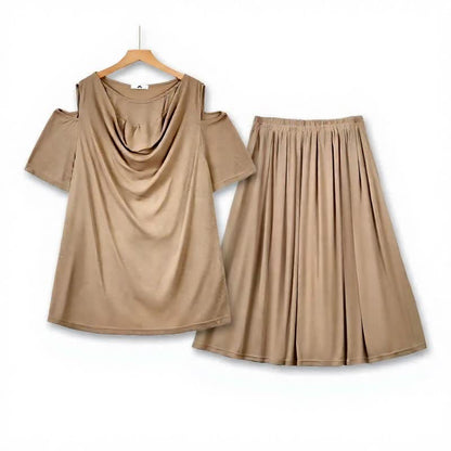 Draped Cold-Shoulder Midi Two-Piece Skirt Set - Khaki - 6XL - image 3
