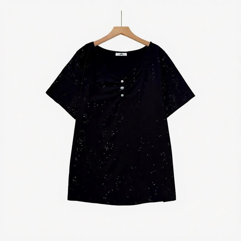 Speckled Cotton Button Detail Relaxed Top - Black - 6XL - image 0