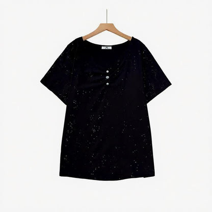 Speckled Cotton Button Detail Relaxed Top - Black - 6XL - image 0