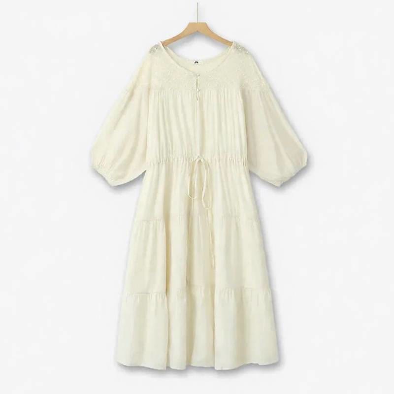 Boho Drawstring Tiered Vacation Maxi Dress - Beige - 6XL - image 2