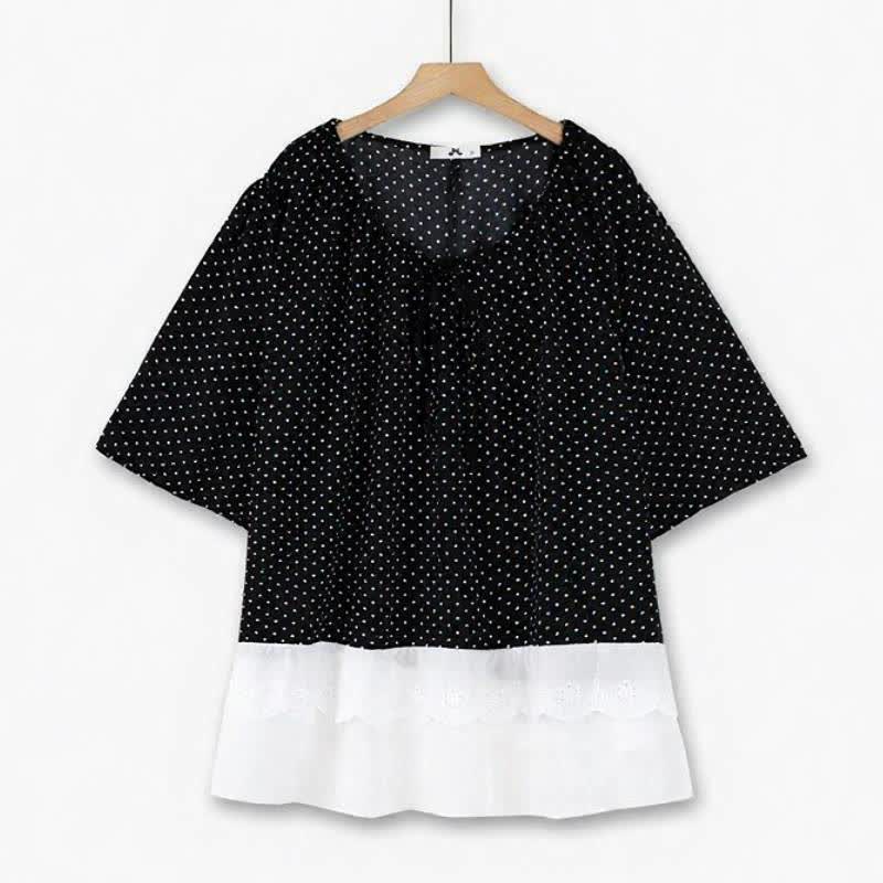 Polka Dot Tie-Neck Ruffle-Hem Tunic Top - Black White - 6XL - image 0
