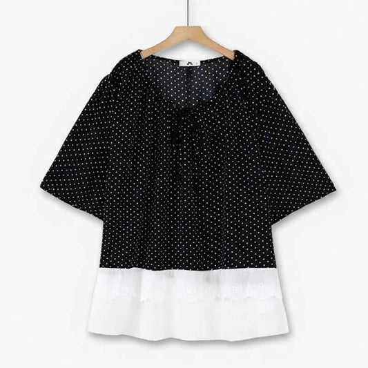 Polka Dot Tie-Neck Ruffle-Hem Tunic Top - Black White - 6XL - image 0