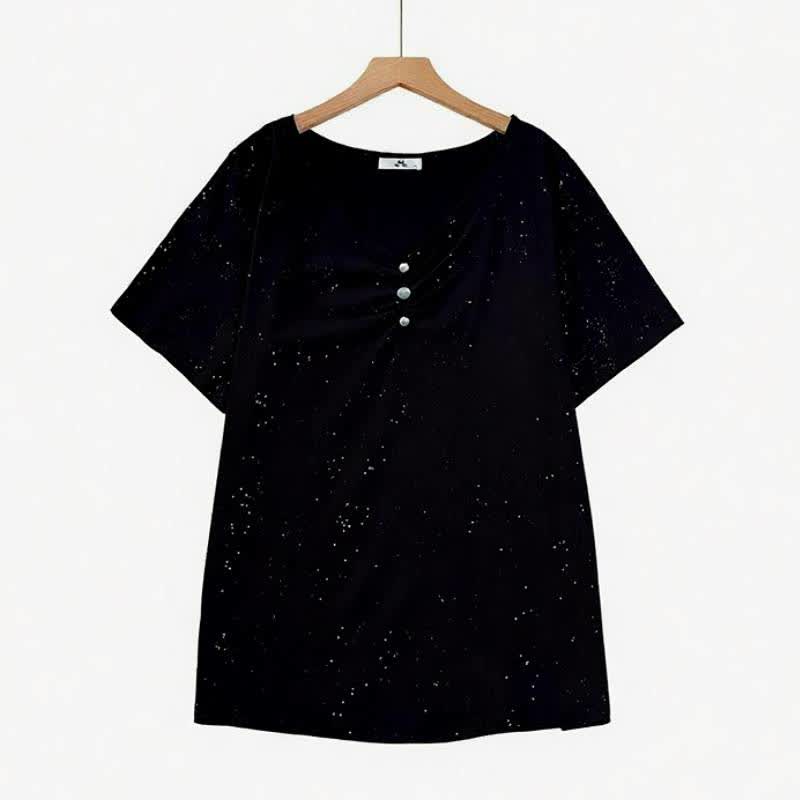 Speckled Cotton Button Detail Relaxed Top - Black - 6XL - image 0