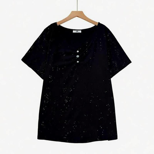 Speckled Cotton Button Detail Relaxed Top - Black - 6XL - image 0