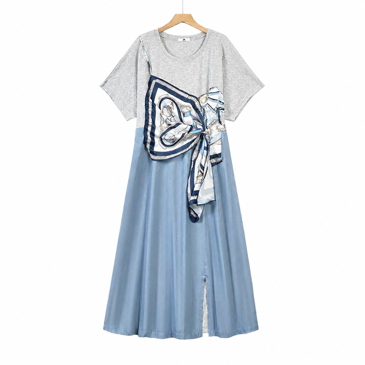 Scarf Tie Contrast Maxi Dress - Blue - 6XL - image 0