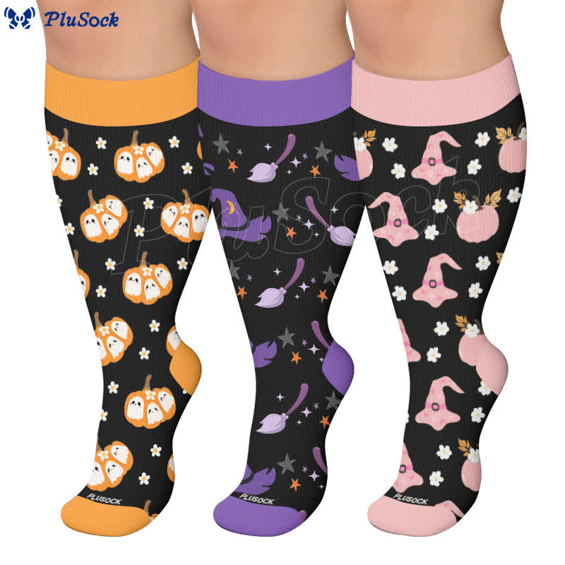 Plus Size Ghost Motifs Witch Hat Compression Socks - image 0