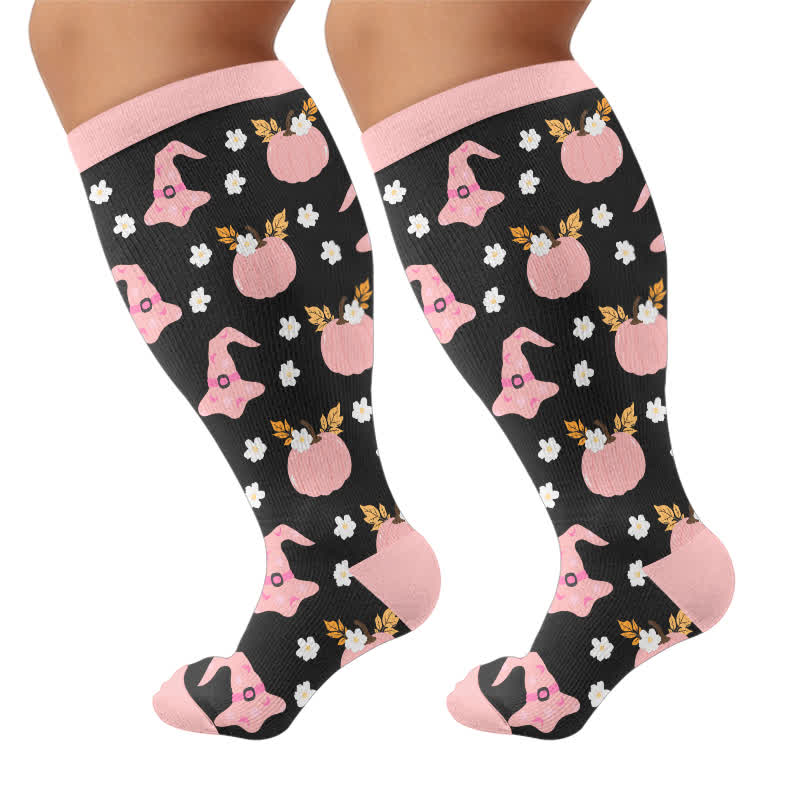 Plus Size Ghost Motifs Witch Hat Compression Socks - Pink - 4XL - image 9