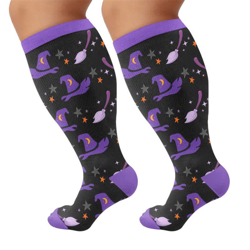 Plus Size Ghost Motifs Witch Hat Compression Socks - Purple - 4XL - image 5