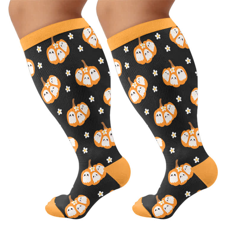 Plus Size Ghost Motifs Witch Hat Compression Socks - Black - 4XL - image 7