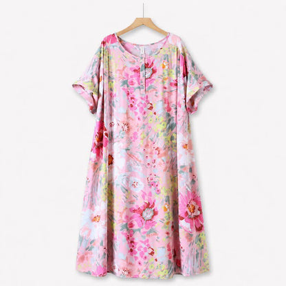 Pink Floral Viscose Midi Dress - image 0