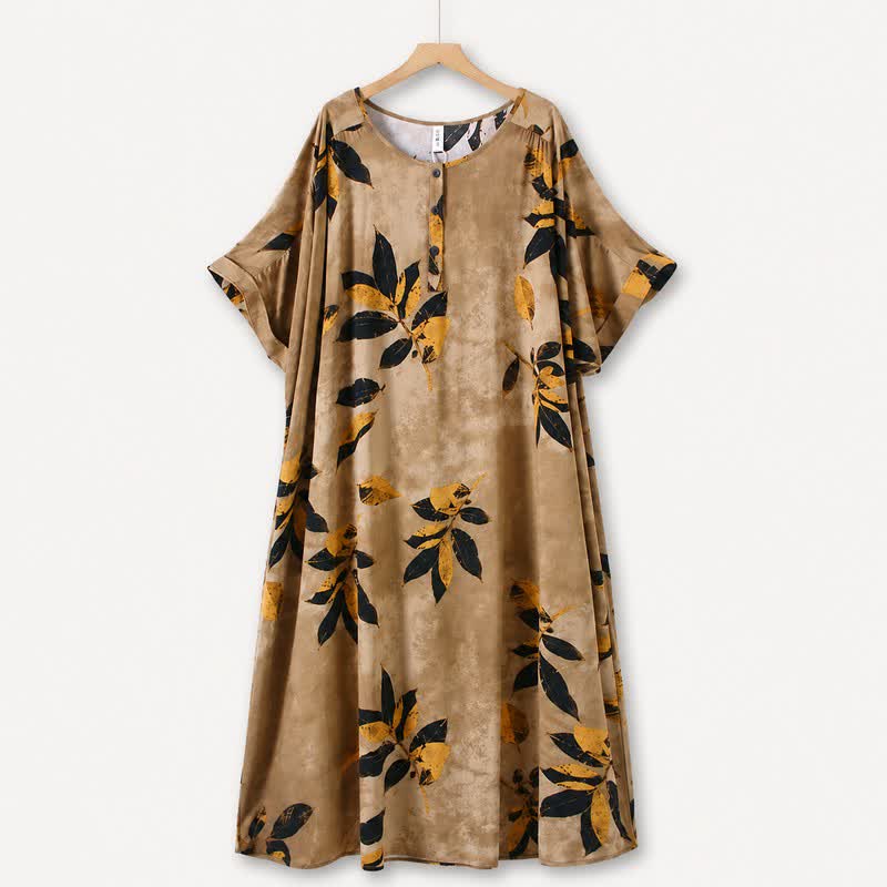Leaf Print Relaxed Midi Dress - Khaki - 5XL - image 0