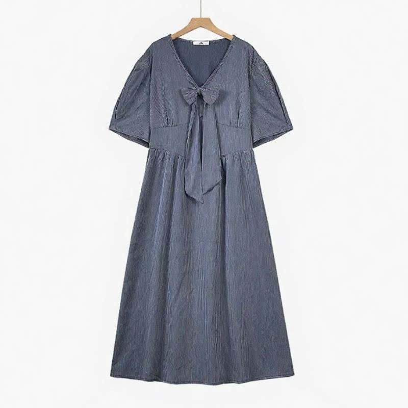 Bow Tie Casual Midi Dress - Blue - 6XL - image 0