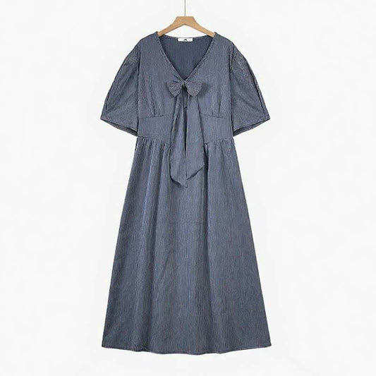 Bow Tie Casual Midi Dress - Blue - 6XL - image 0