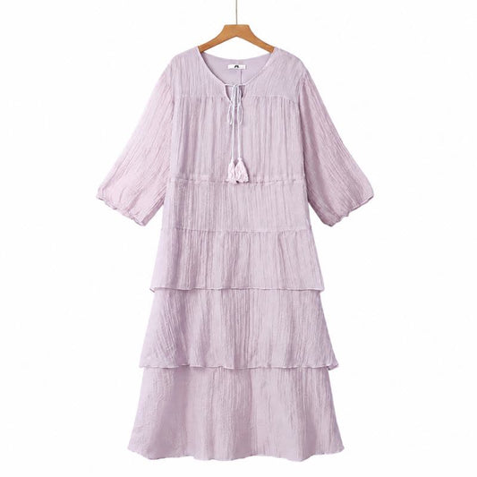 Crinkle Tiered Tassel Tie Midi Dress - Purple - 6XL - image 0