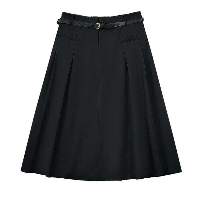 Elegant Pleated Belted Midi Skirt - Black - 7XL - image 0