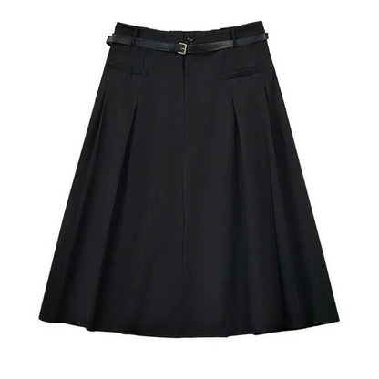 Elegant Pleated Belted Midi Skirt - Black - 7XL - image 0