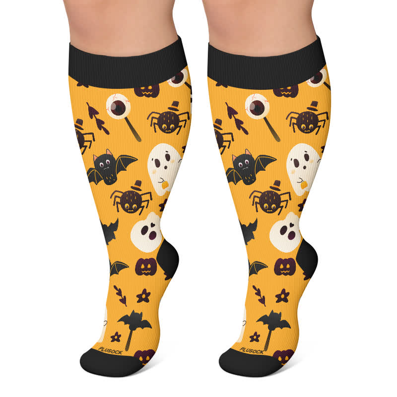 Plus Size Ghosts Bats Spider Compression Socks - Yellow - 4XL - image 6