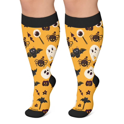 Plus Size Ghosts Bats Spider Compression Socks - Yellow - 4XL - image 6