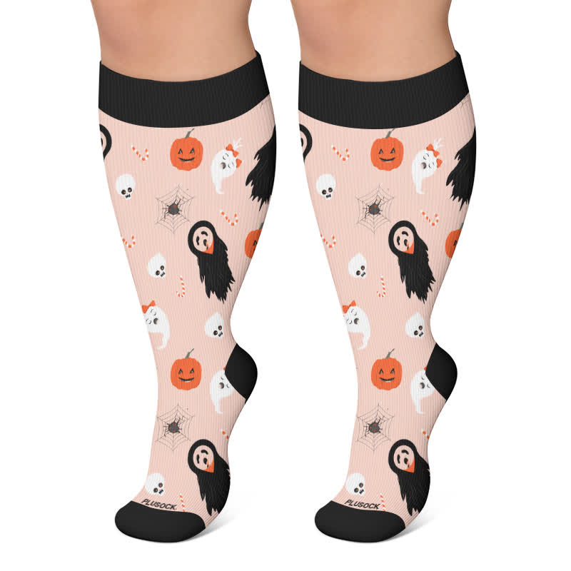Plus Size Ghosts Bats Spider Compression Socks - Pink - 4XL - image 4
