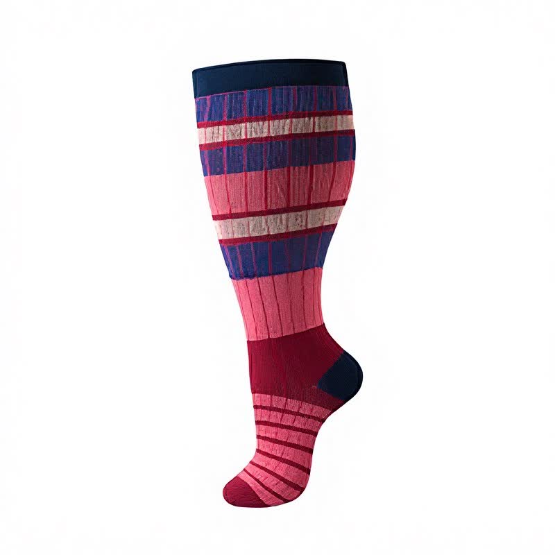 Plus Size Colorblock Stripe Compression Socks - Rose - 4XL - image 8