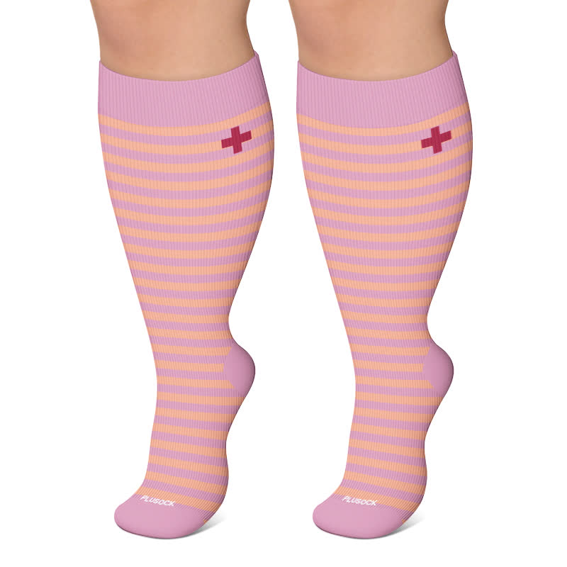 Plus Size Dotted Stripe Compression Socks - Pink - 4XL - image 5