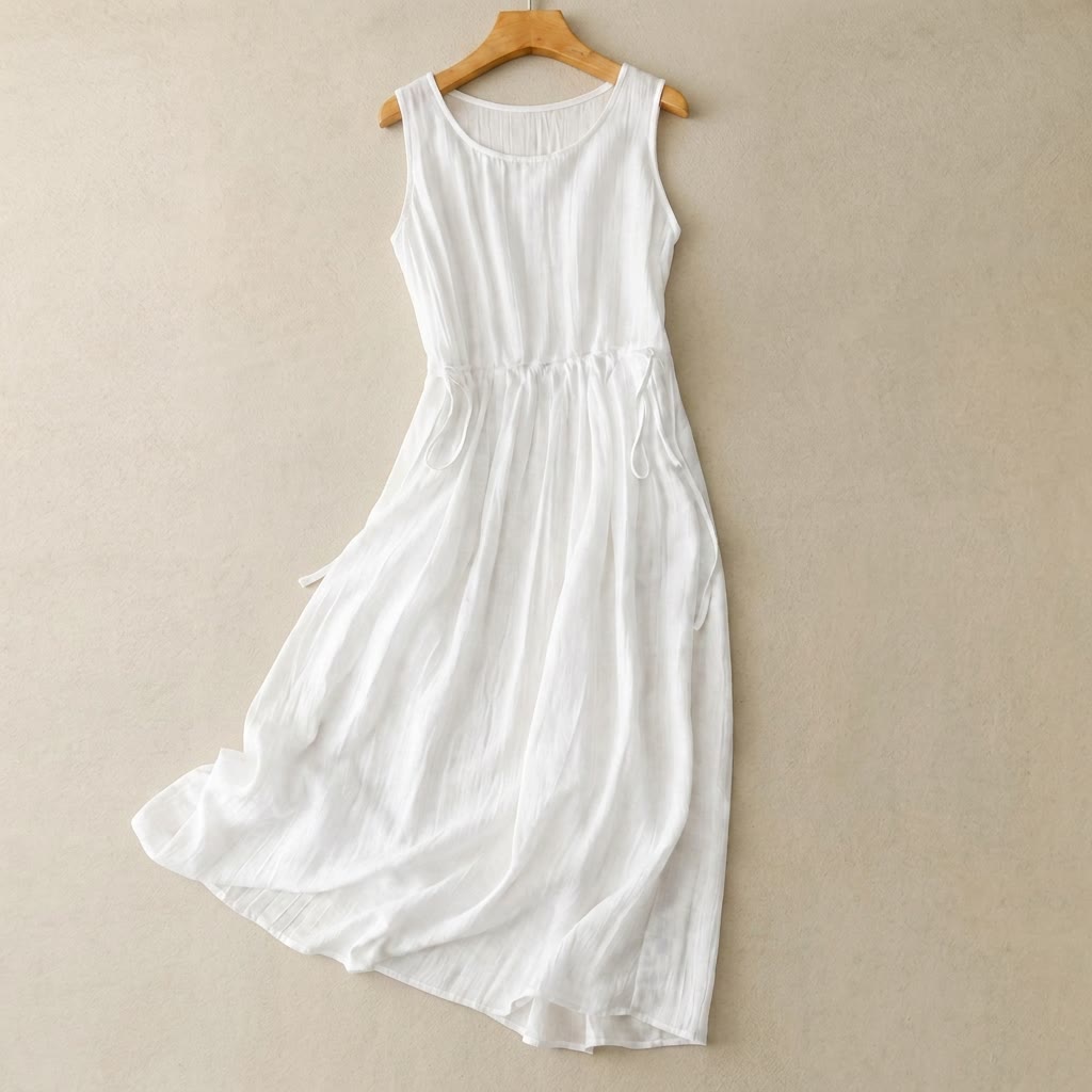 Ramie Lyocell Drawstring Midi Dress - White - 2XL - image 0