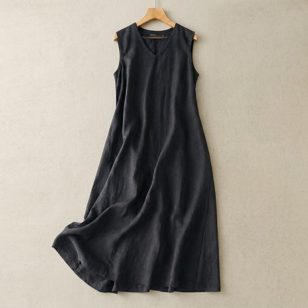 V-Neck Cotton Linen Maxi Dress - Navy Blue - 5XL - image 2