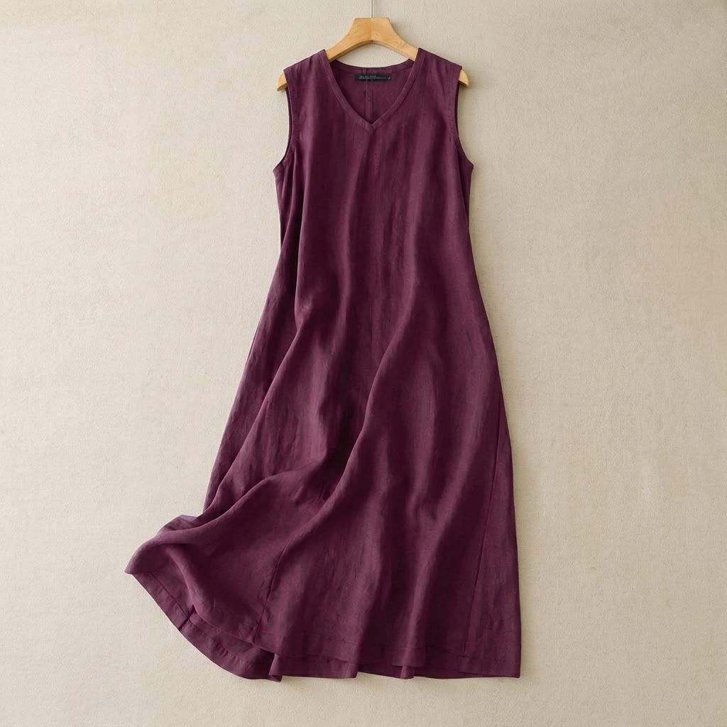V-Neck Cotton Linen Maxi Dress - Purple - 5XL - image 3