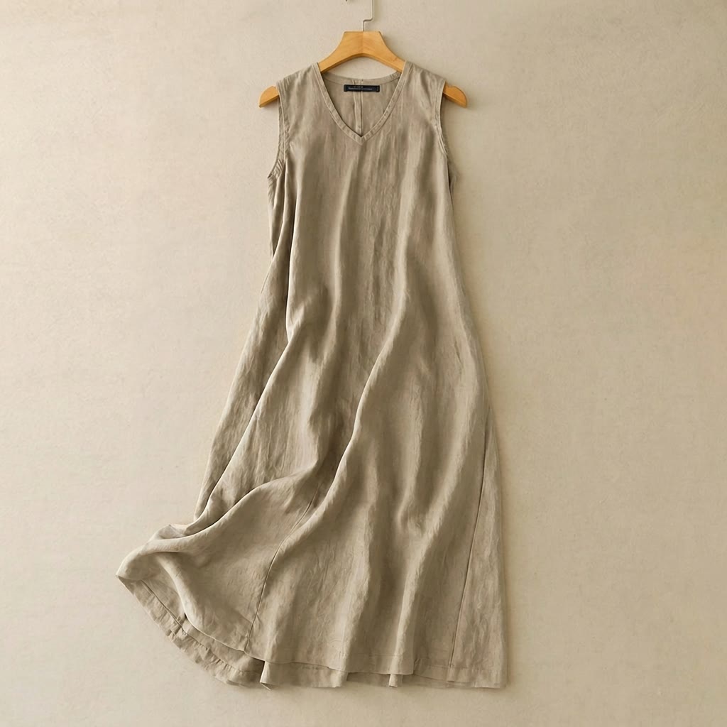 V-Neck Cotton Linen Maxi Dress - Khaki - 5XL - image 1